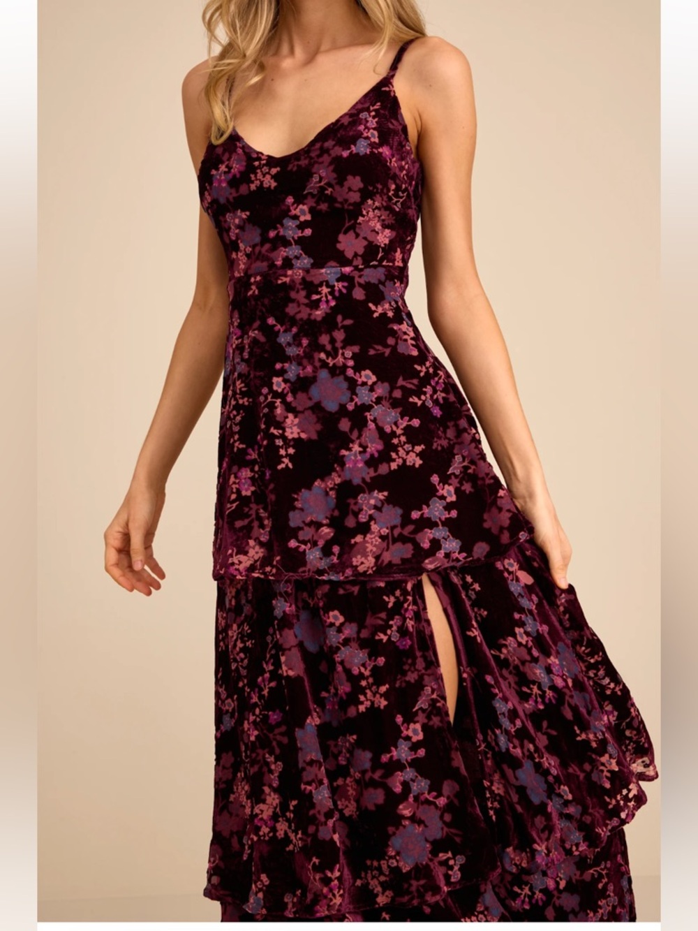 Lulus I Love You Amore Plum Purple Floral Velvet Tiered Maxi Dress - Size M - Picture 3 of 5